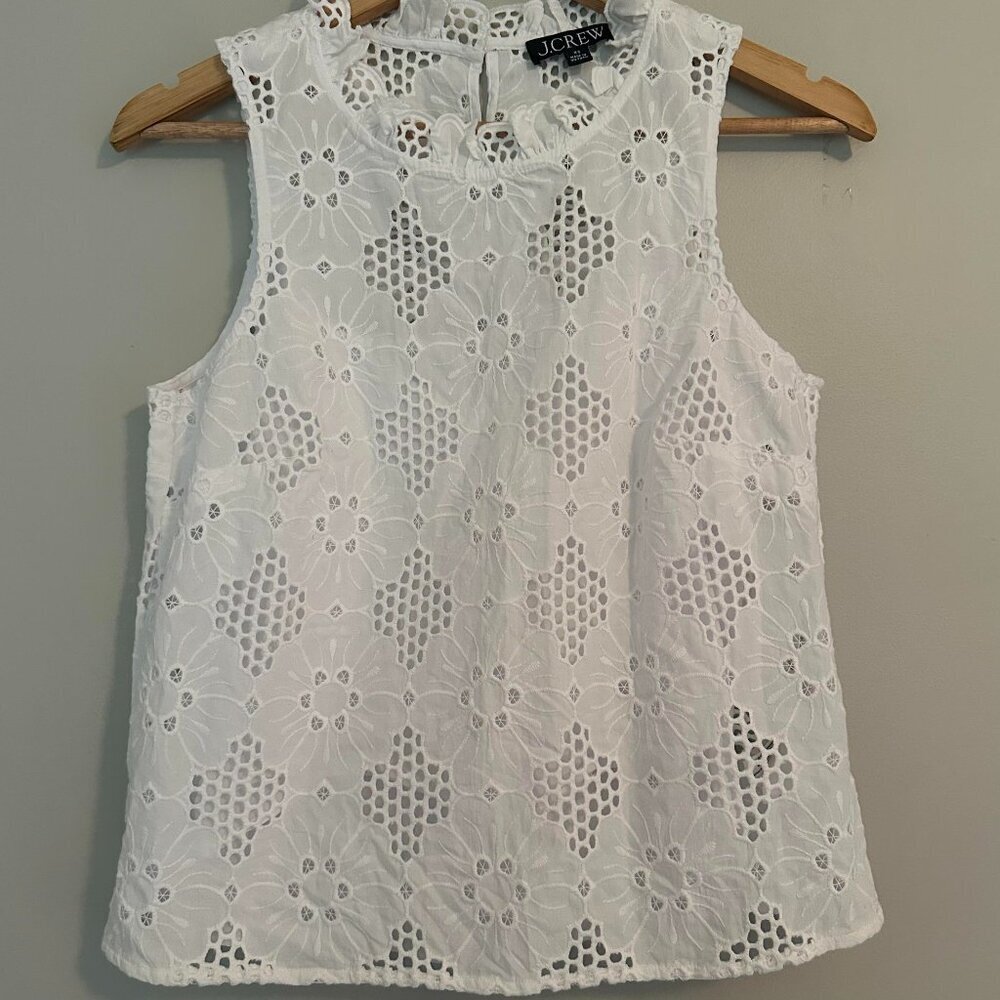 JCrew Fleur Eyelet Lace Romantic Top Ruffle Sleeveless Blouse White - XS